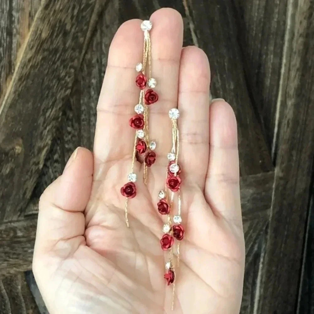 Gorgeous Crystal Gold Roses Tassel Drop Earrings NWT